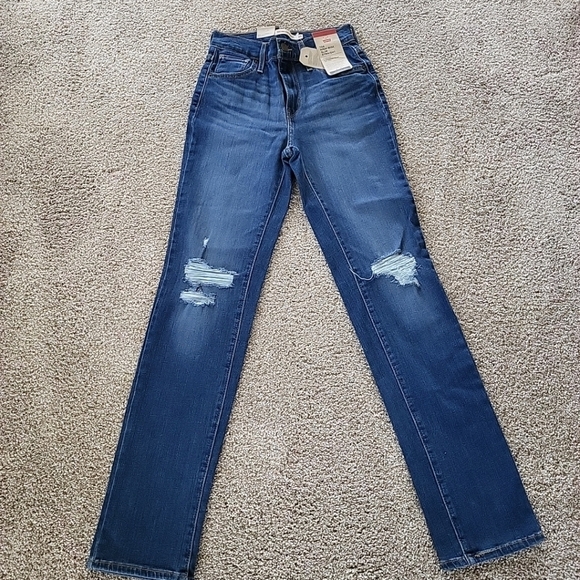 Levi's Womens 724 Dark Wash High Rise Distressed Straight Jeans 0 Medium W25 L30 - Picture 1 of 8